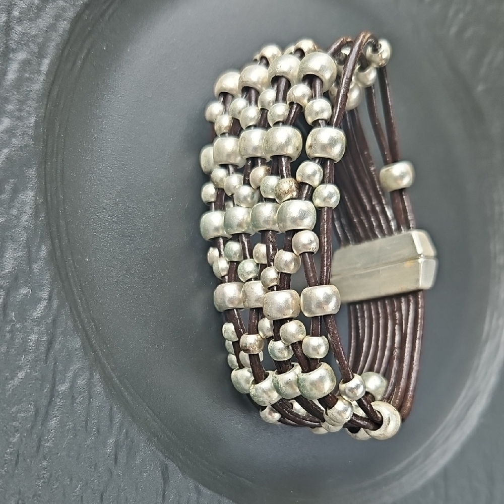 Source Unknown Silver Beaded Brown Bracelet